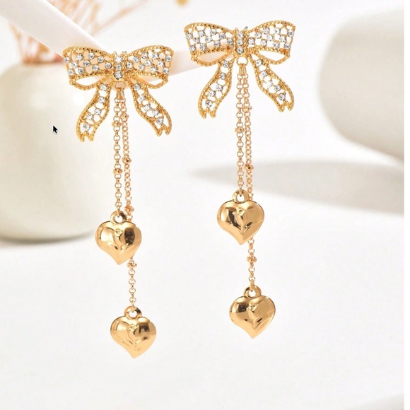 Gold Tone Rhinestone Bow Heart Drop Earrings - Picture 3 of 5